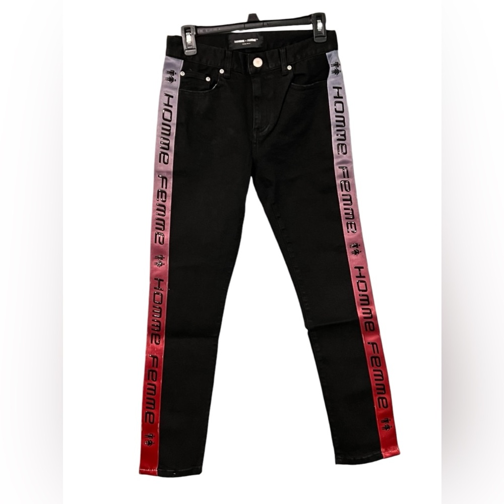 Homme + Femme black‎ Skinny Jeans multi color logo stripes on side leg size 28